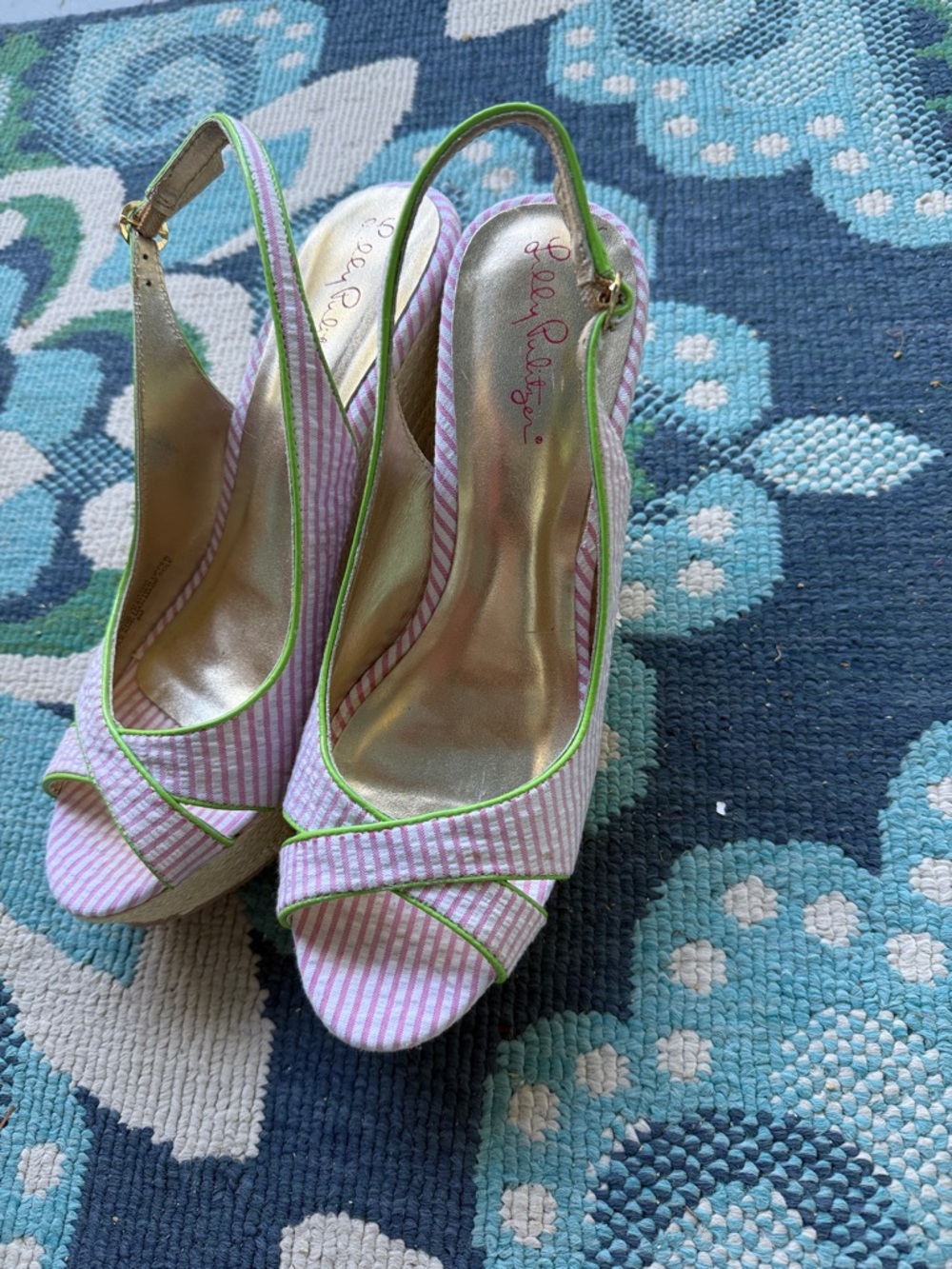 Lilly Pulitzer Pink Striped Espadrille Wedges with Lime Trim - Picture 3 of 5